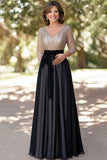 Sparkly Champagne Black A-Line Pailletten Top Lange Mouwen V-hals Lange Moeder van de Bruid Jurk