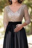 Sparkly Champagne Black A-Line Pailletten Top Lange Mouwen V-hals Lange Moeder van de Bruid Jurk