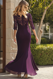 Donker Paarse Kant Chiffon Zeemeermin Moeder van de Bruid Jurk met 3/4 Mouwen