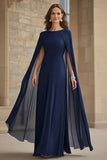 Marineblauwe chiffon A-lijn ronde hals lange koorjurk met cape