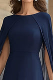 Marineblauwe chiffon A-lijn ronde hals lange koorjurk met cape