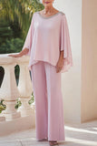 Sprankelende roze zwierige lange mouwen kralen chiffon moeder van de bruid jumpsuit