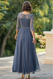 Stoffig Blauw A-Lijn 3/4 Mouwen Lace Top Chiffon Lange Moeder van de Bruid Jurk