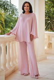 Roze 2-delige Chiffon Scoop Beaded Moeder van de Bruid Pant Suits met Lange Mouwen