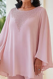 Roze 2-delige Chiffon Scoop Beaded Moeder van de Bruid Pant Suits met Lange Mouwen