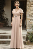 Elegante chiffon V-hals Champagne moeder van de bruid jurk met korte mouwen