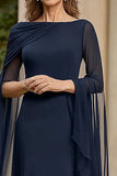 Navy Chiffon A Line Moeder van Bruid Jurk met Fladdermouwen