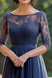 Elegante Navy Lace A Line Moeder van de Bruid Jurk met 3/4 Mouwen