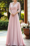 Roze Elegante Kant Chiffon Moeder Van De Bruid Jurk Met 3/4 Mouwen