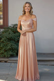 Elegante Champagne Van de schouder Lange Ruched Moeder van Bruid Jurk