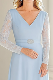 Lace Chiffon hemelsblauw A Line V hals thee lengte moeder van de bruid jurk met riem