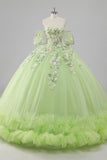 Prinses citroen groene tule baljurk lange quinceanera jurk met appliques