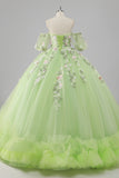 Prinses citroen groene tule baljurk lange quinceanera jurk met appliques