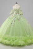 Prinses citroen groene tule baljurk lange quinceanera jurk met appliques