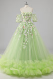 Prinses citroen groene tule baljurk lange quinceanera jurk met appliques