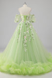 Prinses citroen groene tule baljurk lange quinceanera jurk met appliques