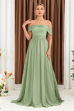 Groene A-lijn off-the-shoulder chiffon lange galajurk