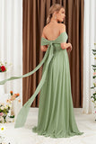 Groene A-lijn off-the-shoulder chiffon lange galajurk