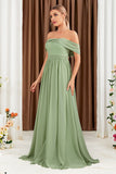 Groene A-lijn off-the-shoulder chiffon lange galajurk