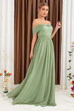 Groene A-lijn off-the-shoulder chiffon lange galajurk