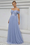 Blauwe Tule Off The Shoulder A Line Formele Jurk