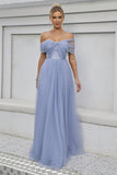 Blauwe Tule Off The Shoulder A Line Formele Jurk