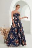 Bedrukte Bloemen Navy Strapless A-lijn lange formele jurk