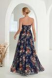 Bedrukte Bloemen Navy Strapless A-lijn lange formele jurk