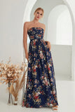 Bedrukte Bloemen Navy Strapless A-lijn lange formele jurk