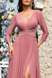 Dusty Rose A-lijn V-hals lange mouwen chiffon lange formele jurk