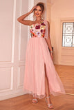 Blush Floral One Shoulder A-Line Tule Thee Lengte Formele Jurk