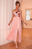 Blush Floral One Shoulder A-Line Tule Thee Lengte Formele Jurk