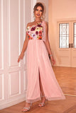 Blush Floral One Shoulder A-Line Tule Thee Lengte Formele Jurk