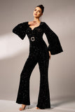 Zwarte jumpsuit met pailletten en lange mouwen en riem