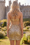 Glitterende gouden Bodycon Sweetheart doorschijnende korsetpailletten Homecoming jurk