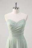 Matcha A Line strapless chiffon lange bruidsmeisjesjurk met ruches