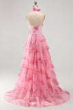 Halter neck blush uitgesneden chiffon gelaagde lange galajurk met ruches en 3D-bloem
