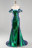 Metallic smaragdgroene off-the-shoulder zeemeerminkorset gerimpelde lange galajurk met zijsplit