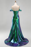 Metallic smaragdgroene off-the-shoulder zeemeerminkorset gerimpelde lange galajurk met zijsplit