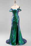 Metallic smaragdgroene off-the-shoulder zeemeerminkorset gerimpelde lange galajurk met zijsplit