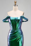 Metallic smaragdgroene off-the-shoulder zeemeerminkorset gerimpelde lange galajurk met zijsplit
