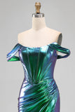 Metallic smaragdgroene off-the-shoulder zeemeerminkorset gerimpelde lange galajurk met zijsplit