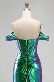 Metallic smaragdgroene off-the-shoulder zeemeerminkorset gerimpelde lange galajurk met zijsplit