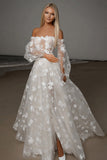 Kant Ivoor A Line Appliques Off the Shoulder Weddinng Jurk met Split