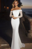 Elegante ivoor satijn off the shoulder zeemeermin lange trouwjurk met lange mouwen