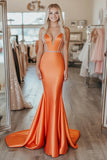 Chique oranje zeemeermin strapless lange galajurk met kralen