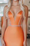 Chique oranje zeemeermin strapless lange galajurk met kralen