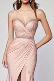 Blush Geplooide Zeemeermin Strapless Kralen Formele Jurk met Spleet