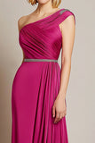 Fuchsia One Shoulder Sheath satijnen ruches lange galajurk