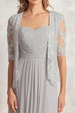 Zilveren Chiffon Lace Appliques Ruched 2-delige vierkante hals A Line moeder van de bruid jurk